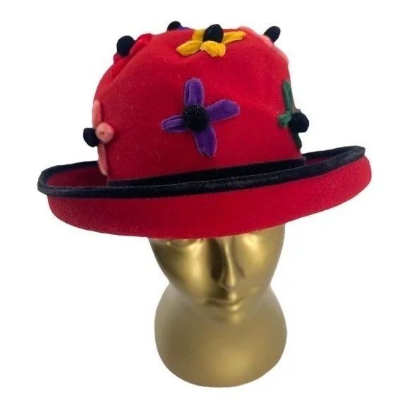 Whittaker & Shon 100% Doeskin Wool Red Felt‎ Hat Velvet Flowers Made In USA - Picture 6 of 15